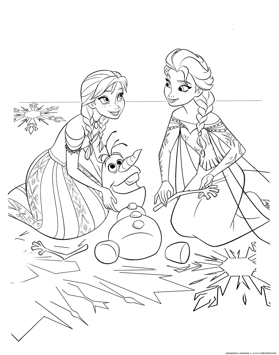 Розмальовка Холодне серце милий сніговик з принцесами