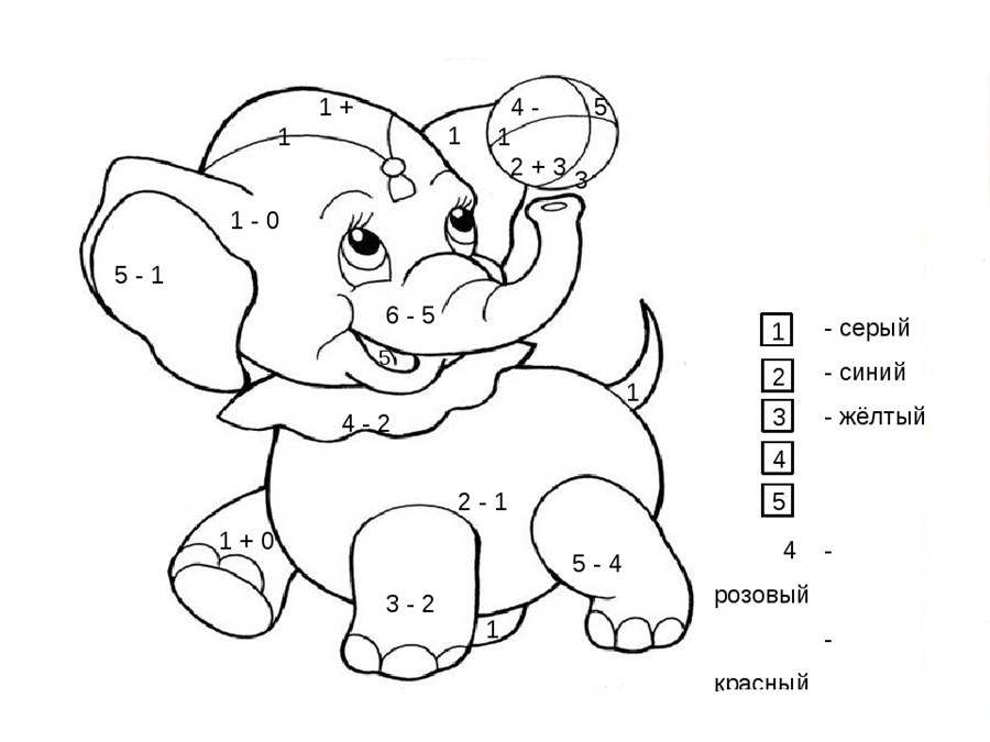 Розмальовка з прикладами в межах 10 слон