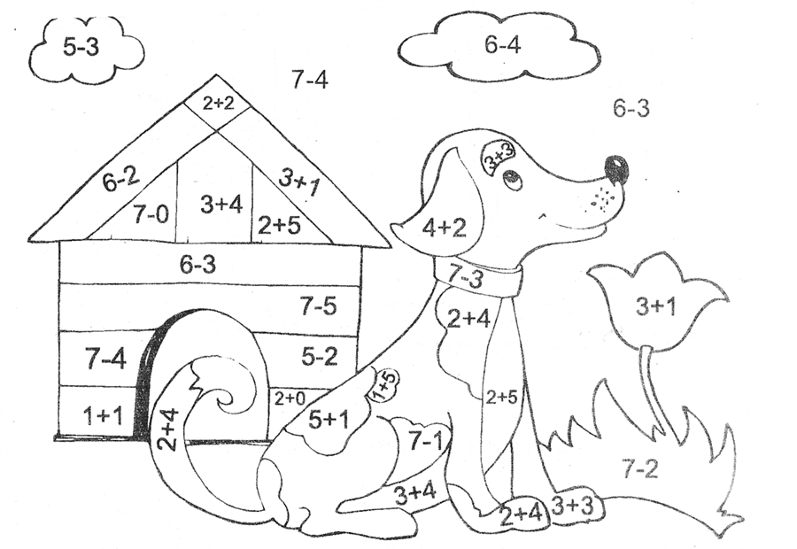 Розмальовка з прикладами в межах 10 собака