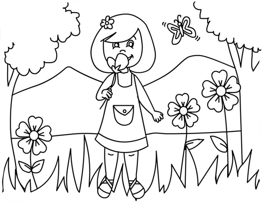 Дівчинка з квітами на лузі