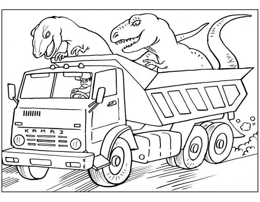 Розмальовка Камаз з динозаврами